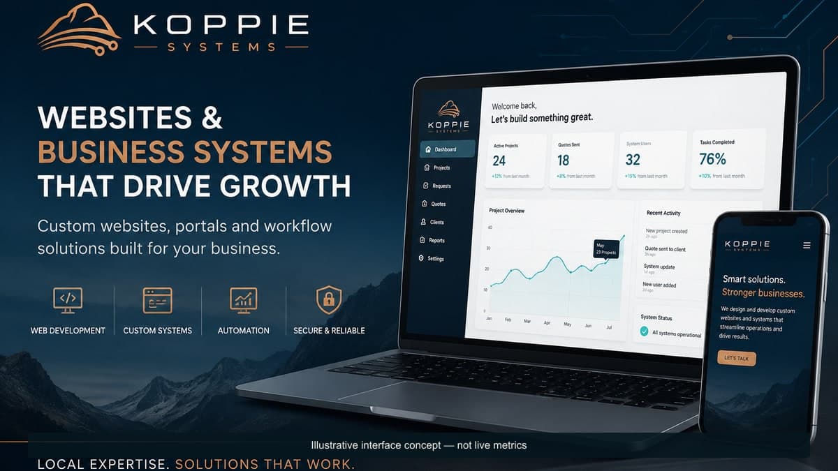 Illustrative Koppie Systems dashboard and responsive website interface