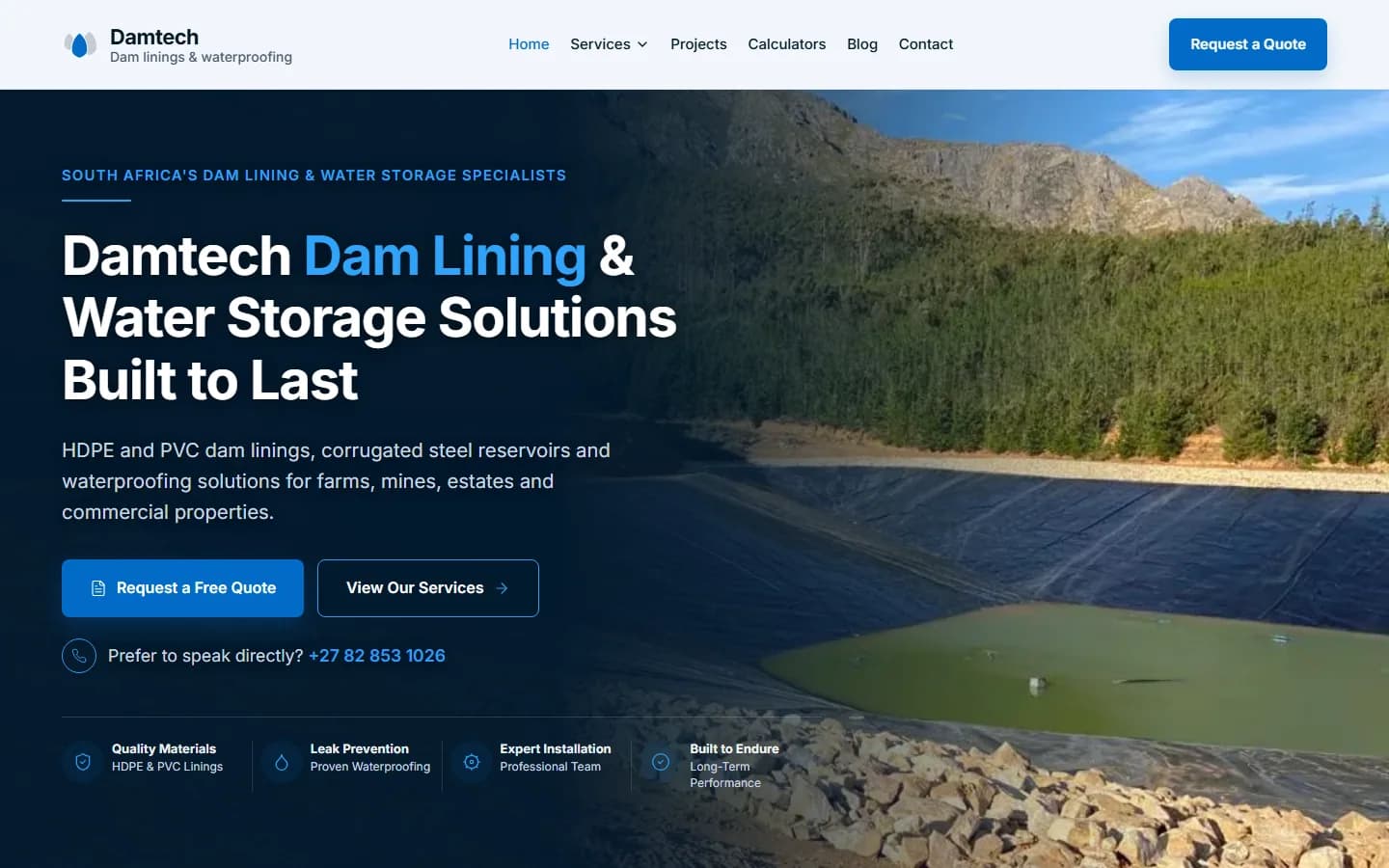 Desktop screenshot of the Damtech homepage showing dam-lining and water-storage services with a quote call to action