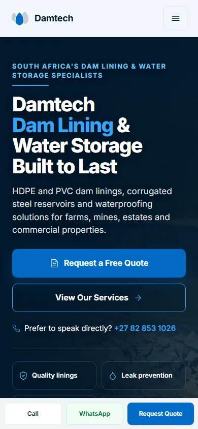Desktop screenshot of the Damtech homepage showing dam-lining and water-storage services with a quote call to action
