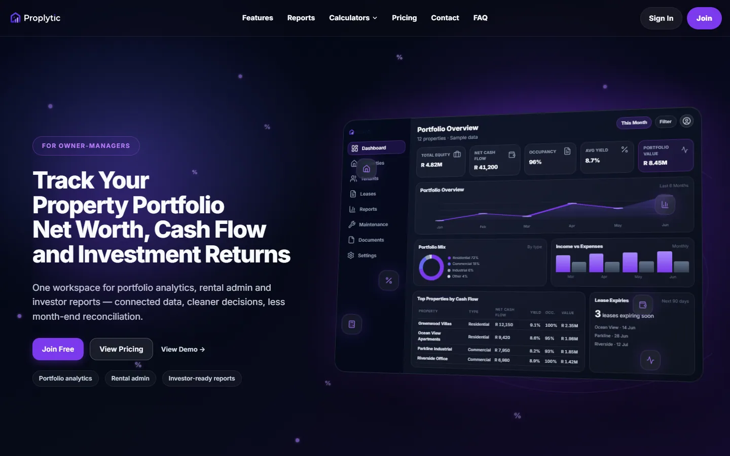 Desktop screenshot of the Proplytic marketing homepage with portfolio software positioning and product interface preview