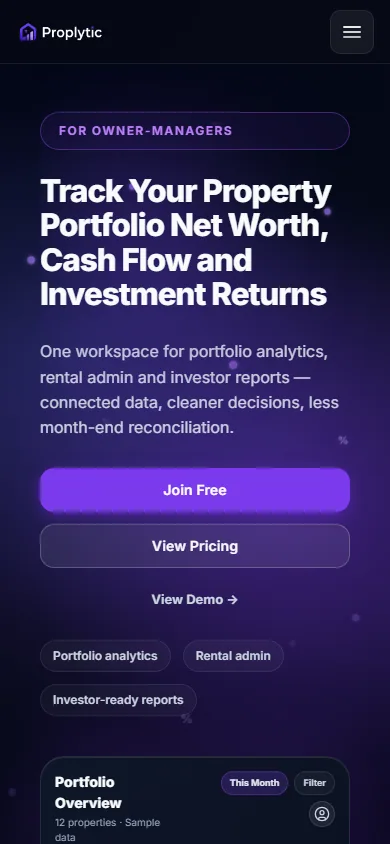 Desktop screenshot of the Proplytic marketing homepage with portfolio software positioning and product interface preview