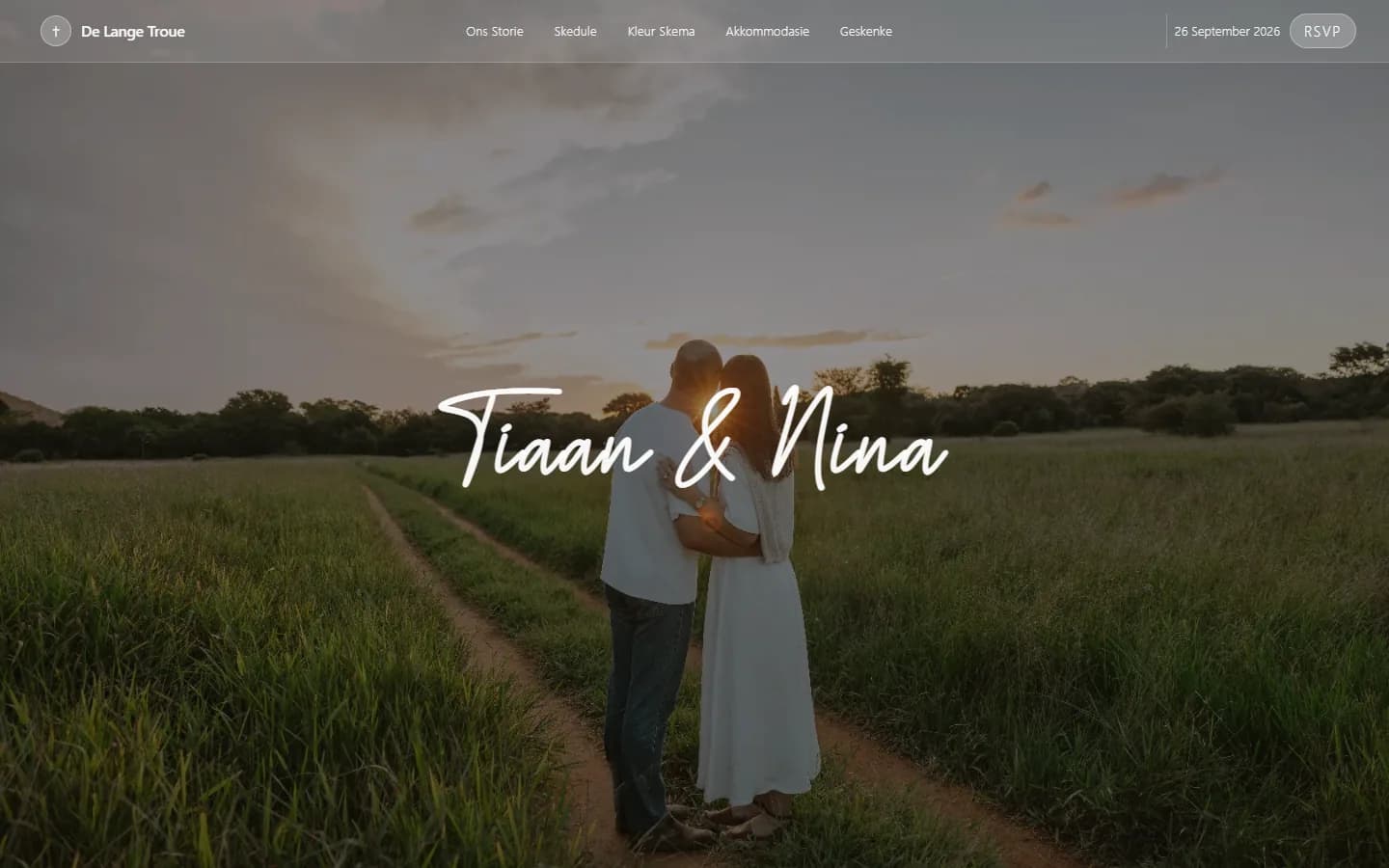 Desktop screenshot of a wedding information website hero with couple names, ceremony details and navigation