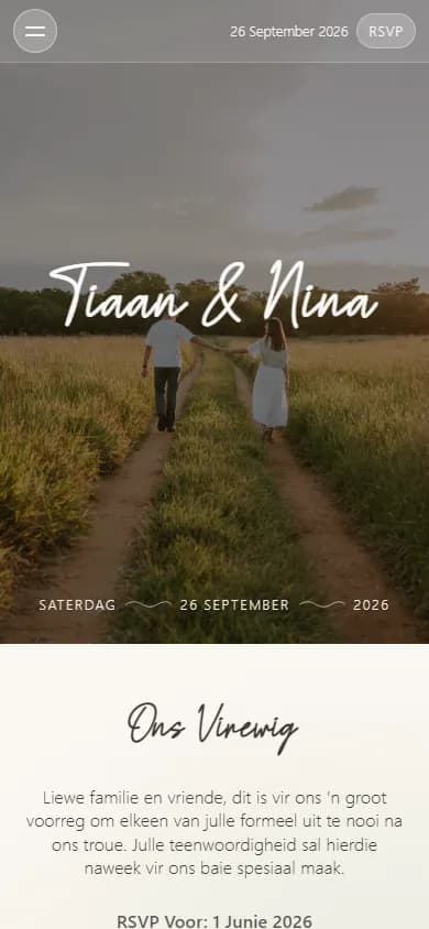 Desktop screenshot of a wedding information website hero with couple names, ceremony details and navigation